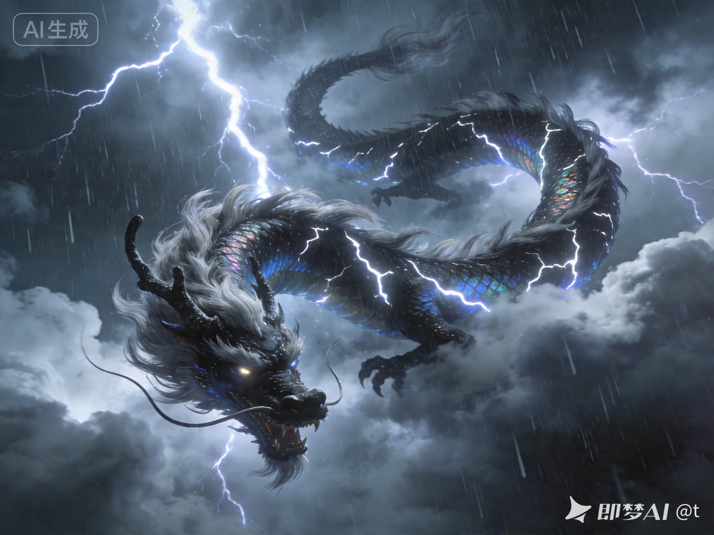 暴雨天气雷电交加,夔龙在密布雷云中遨游盘旋,身体蜿蜒,灵异电影感